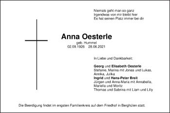 Traueranzeige von Anna Oesterle von SÜDWEST PRESSE Ausgabe Ulm/Neu-Ulm