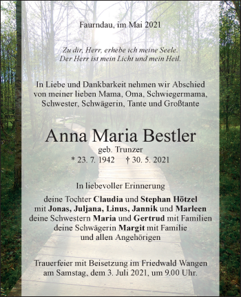 Traueranzeige von Anna Maria Bestler von NWZ Neue Württembergische Zeitung