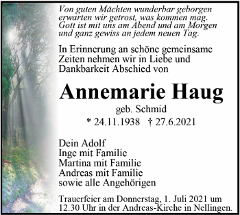 Traueranzeige von Annemarie Haug von SÜDWEST PRESSE Ausgabe Ulm/Neu-Ulm