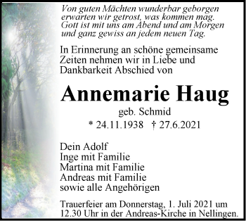 Traueranzeige von Annemarie Haug von Geislinger Zeitung