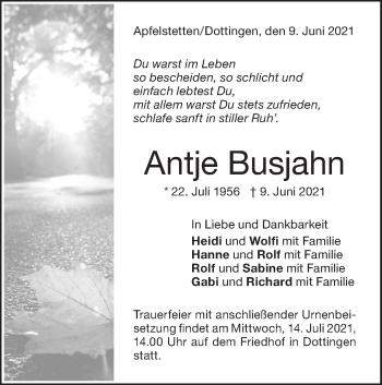 Traueranzeige von Antje Busjahn von Alb-Bote/Metzinger-Uracher Volksblatt