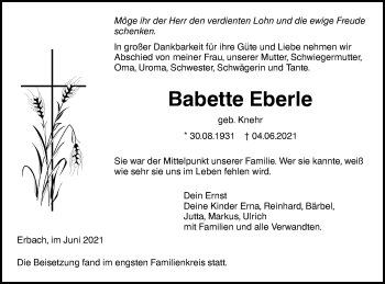 Traueranzeige von Babette Eberle von SÜDWEST PRESSE Ausgabe Ulm/Neu-Ulm