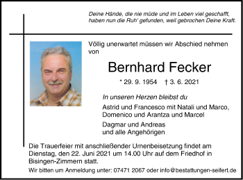 Traueranzeige von Bernhard Fecker von Metzinger-Uracher Volksblatt