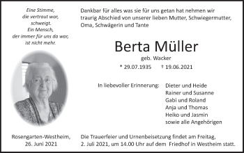 Traueranzeige von Berta Müller von Haller Tagblatt