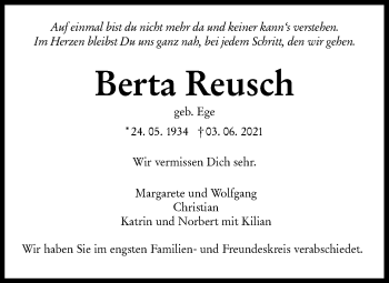 Traueranzeige von Berta Reusch von Metzinger-Uracher Volksblatt