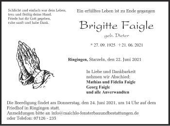 Traueranzeige von Brigitte Faigle von Metzinger-Uracher Volksblatt