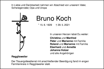 Traueranzeige von Bruno Koch von Illertal Bote