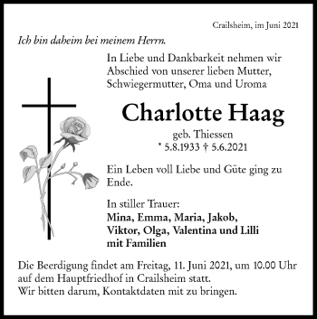 Traueranzeige von Charlotte Haag von Hohenloher Tagblatt