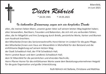 Traueranzeige von Dieter Röhrich von Haller Tagblatt