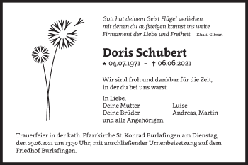 Traueranzeige von Doris Schubert von SÜDWEST PRESSE Ausgabe Ulm/Neu-Ulm