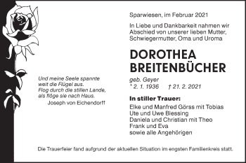 Traueranzeige von Dorothea Breitenbücher von NWZ Neue Württembergische Zeitung