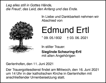 Traueranzeige von Edmund Ertl von SÜDWEST PRESSE Ausgabe Ulm/Neu-Ulm