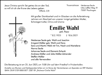 Traueranzeige von Emilie Wahl von Rundschau Gaildorf