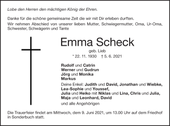 Traueranzeige von Emma Scheck von SÜDWEST PRESSE Ausgabe Ulm/Neu-Ulm