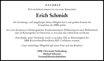 Traueranzeige von Erich Schmidt von Rundschau Gaildorf