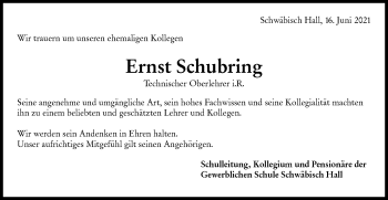 Traueranzeige von Ernst Schubring von Haller Tagblatt