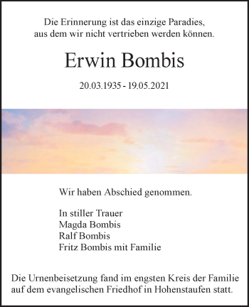 Traueranzeige von Erwin Bombis von NWZ Neue Württembergische Zeitung