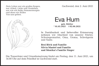 Traueranzeige von Eva Hum von Rundschau Gaildorf