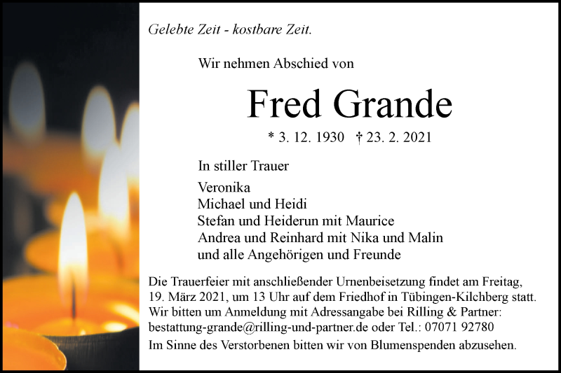  Traueranzeige für Fred Grande vom 06.03.2021 aus Alb-Bote/Metzinger-Uracher Volksblatt