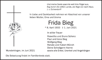 Traueranzeige von Frida Bieg von Ehinger Tagblatt