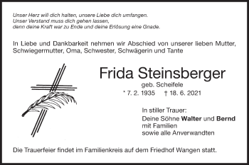 Traueranzeige von Frida Steinsberger von NWZ Neue Württembergische Zeitung