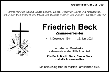 Traueranzeige von Friedrich Beck von Metzinger-Uracher Volksblatt