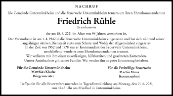 Traueranzeige von Friedrich Rühle von Haller Tagblatt