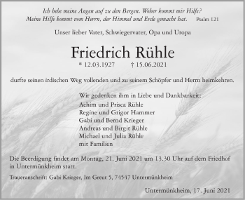 Traueranzeige von Friedrich Rühle von Haller Tagblatt