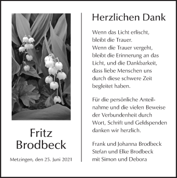 Traueranzeige von Fritz Brodbeck von Metzinger-Uracher Volksblatt