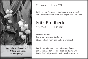 Traueranzeige von Fritz Brodbeck von Metzinger-Uracher Volksblatt