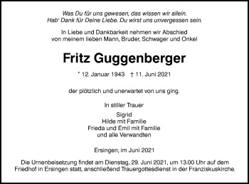 Traueranzeige von Fritz Guggenberger von SÜDWEST PRESSE Ausgabe Ulm/Neu-Ulm