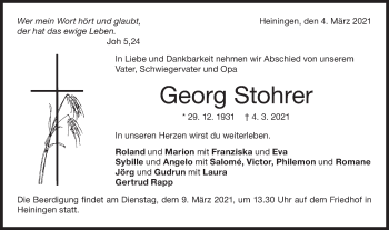 Traueranzeige von Georg Stohrer von NWZ Neue Württembergische Zeitung