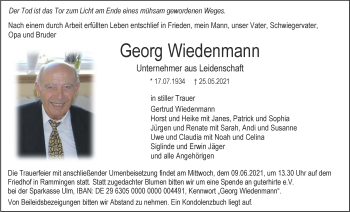 Traueranzeige von Georg Wiedenmann von SÜDWEST PRESSE Ausgabe Ulm/Neu-Ulm