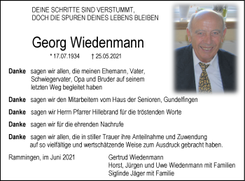 Traueranzeige von Georg Wiedenmann von SÜDWEST PRESSE Ausgabe Ulm/Neu-Ulm