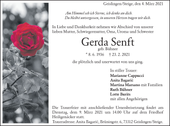 Traueranzeige von Gerda Senft von Geislinger Zeitung