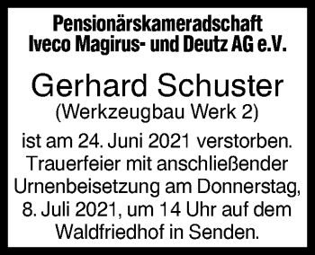 Traueranzeige von Gerhard Schuster von SÜDWEST PRESSE Ausgabe Ulm/Neu-Ulm