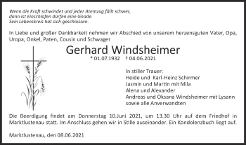 Traueranzeige von Gerhard Windsheimer von Hohenloher Tagblatt