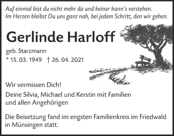 Traueranzeige von Gerlinde Harloff von Geislinger Zeitung