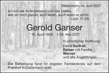 Traueranzeige von Gerold Ganser von Illertal Bote