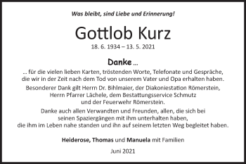 Traueranzeige von Gottlob Kurz von Metzinger-Uracher Volksblatt