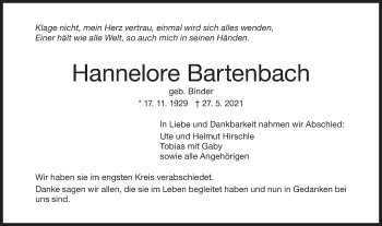 Traueranzeige von Hannelore Bartenbach von Metzinger-Uracher Volksblatt