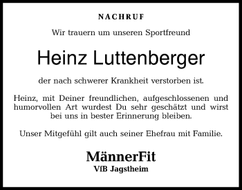 Traueranzeige von Heinz Luttenberger von Hohenloher Tagblatt