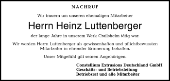 Traueranzeige von Heinz Luttenberger von Hohenloher Tagblatt