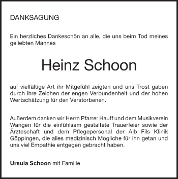 Traueranzeige von Heinz Schoon von NWZ Neue Württembergische Zeitung