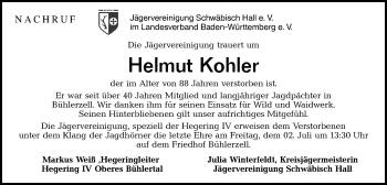 Traueranzeige von Helmut Kohler von Haller Tagblatt