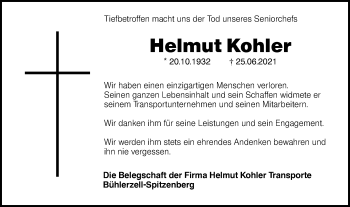 Traueranzeige von Helmut Kohler von Haller Tagblatt