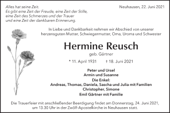 Traueranzeige von Hermine Reusch von Metzinger-Uracher Volksblatt