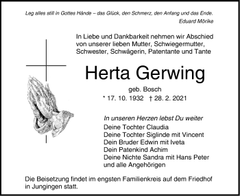 Traueranzeige von Herta Gerwing von Metzinger-Uracher Volksblatt