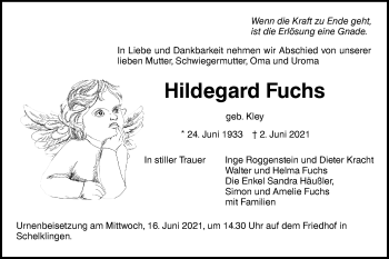 Traueranzeige von Hildegard Fuchs von SÜDWEST PRESSE Ausgabe Ulm/Neu-Ulm