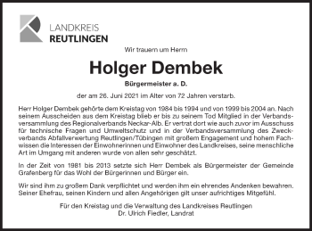 Traueranzeige von Holger Dembek von Metzinger-Uracher Volksblatt